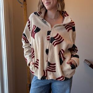 Women's Cream Fleece Jacket with Flag Pattern